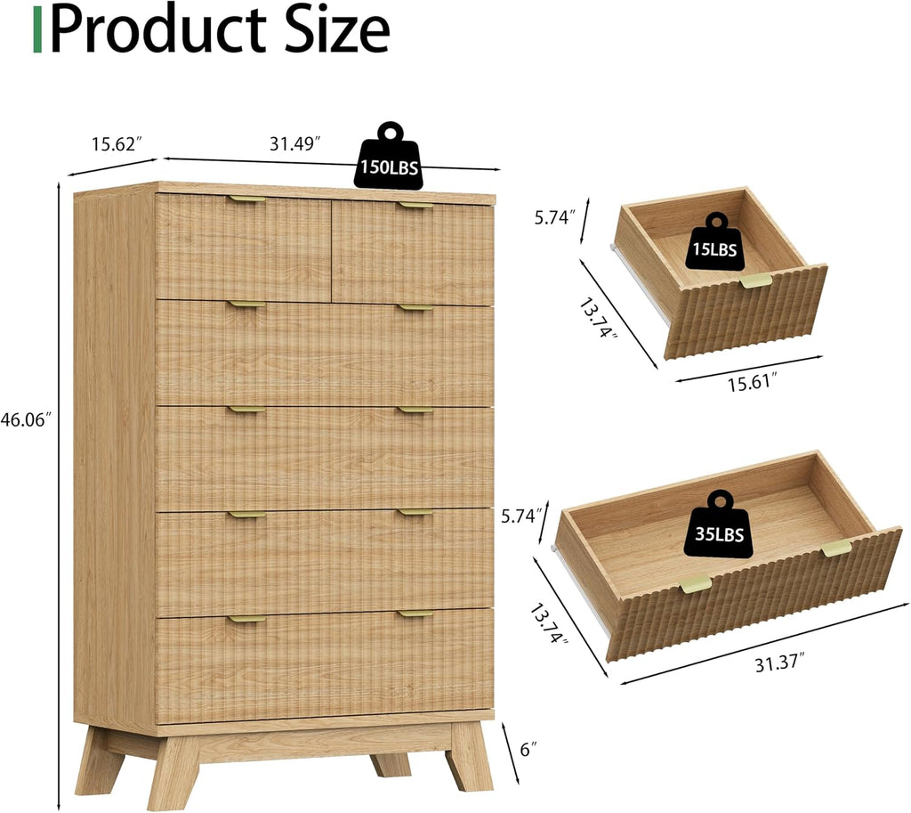 Fluted Dresser with 6 Drawers, 46" Tall Modern Chest of Drawers with Metal Handle, Wooden Dresser TV Stand, Wood