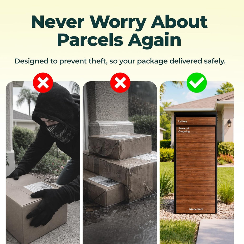 Cali USPS Compatible Mailbox, Classic Black/Oak Package Mailbox, Anti-Theft Locking Parcel Drop Box Or Curbside