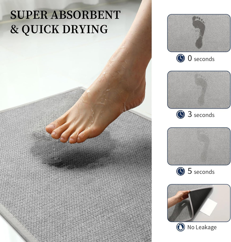 Gray Bathroom Rugs Sets 2 Piece, Quick Dry Thin Bath Mat, Non Slip Absorbent Machine Washable, Bath Runner Rug for