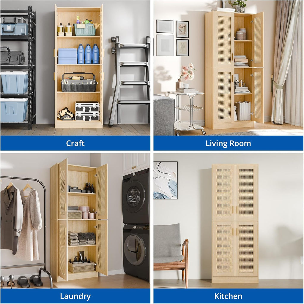 Kitchen Pantry Cabinet, 71" Tall Rattan Doors Storage Cabinet and Adjustable Shelves, Modern Farmhouse Wood Cupboard