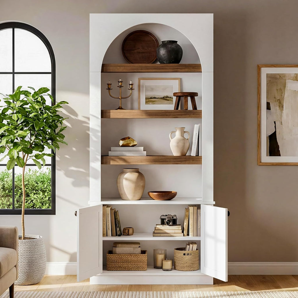 71'' Tall White Bookcase, 6-Tier Modern Arched Bookshelf with Doors