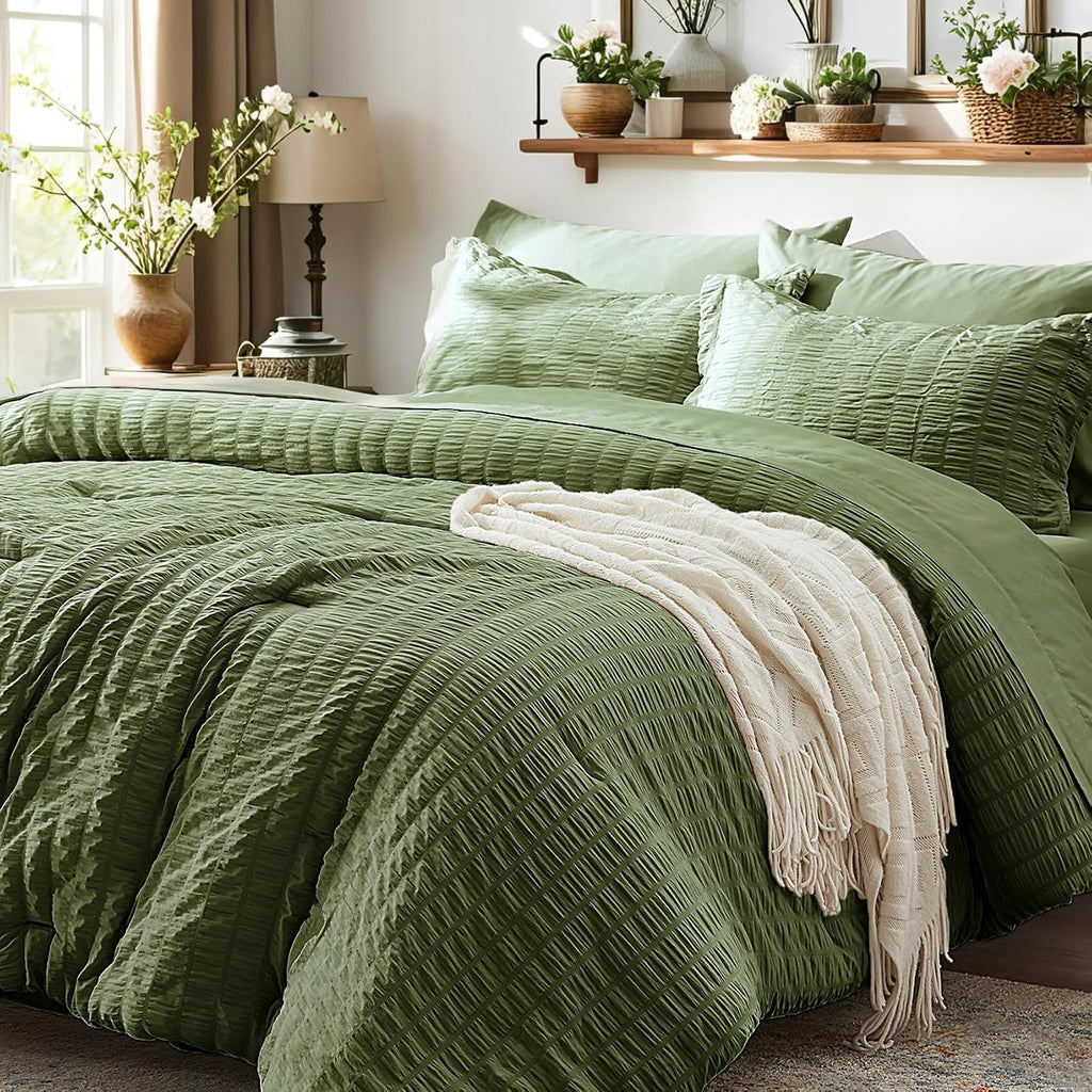 King Comforter Set 7 Piece, Olive Green Bed in a Bag King Bedding Sets