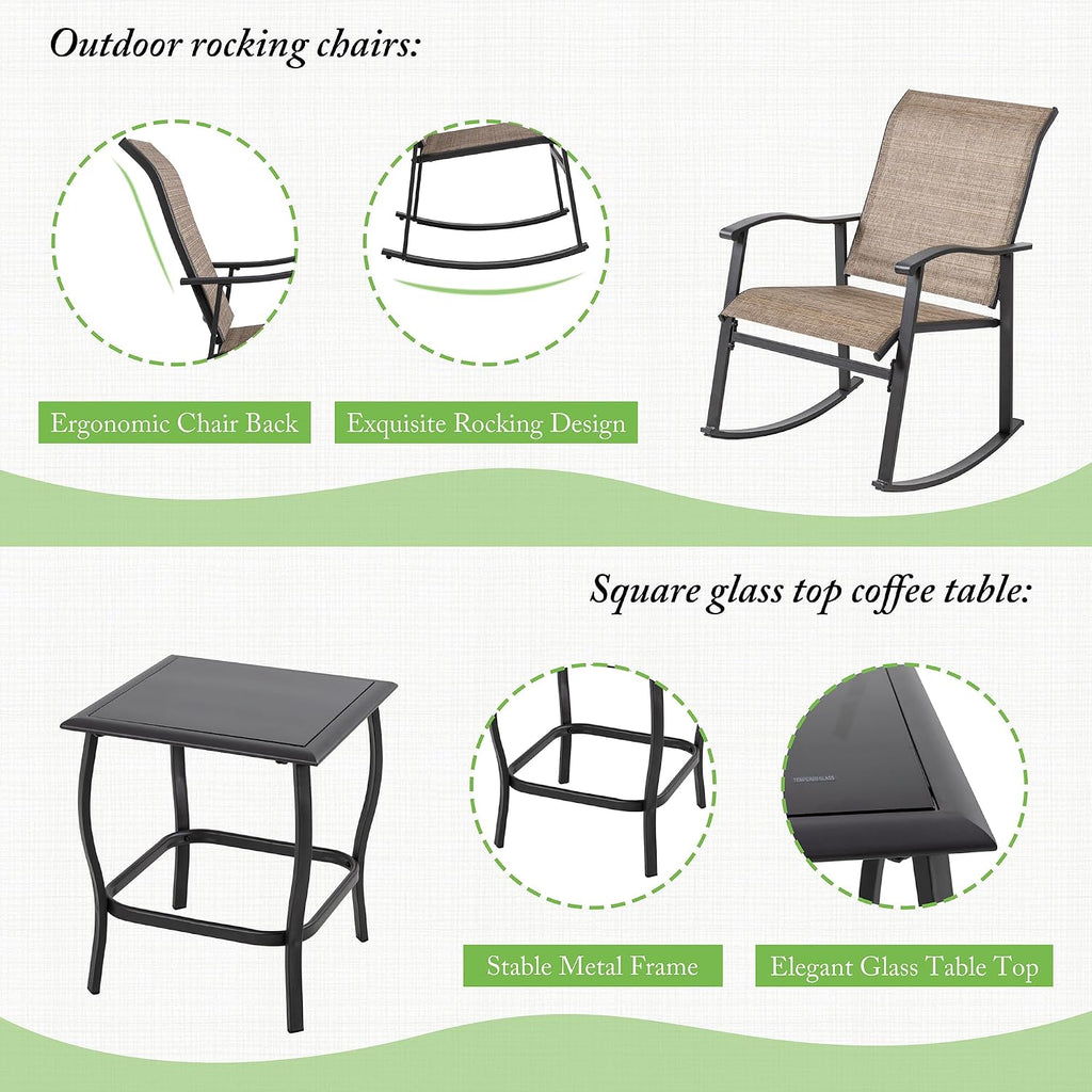 Rocking Chair Outdoor with Table, 3 Piece Rocking Patio Bistro Set, Outdoor Furniture Set with Metal Frame and