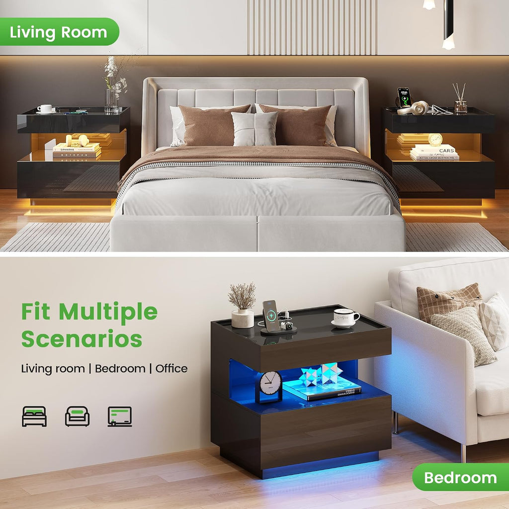 Nightstand with Gun Drawers , Smart LED Night Stand with Hidden Compartment, High Gloss Bedside Table with 3 Color