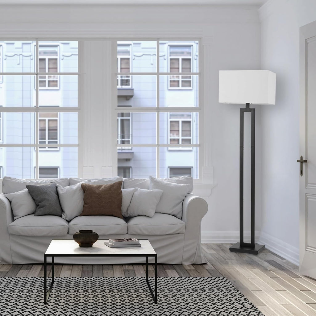 67046 58" Floor Lamp, Matte Black Finish, White Linen Rectangular Shade, Modern Geometric Cutout Design, E26 Base
