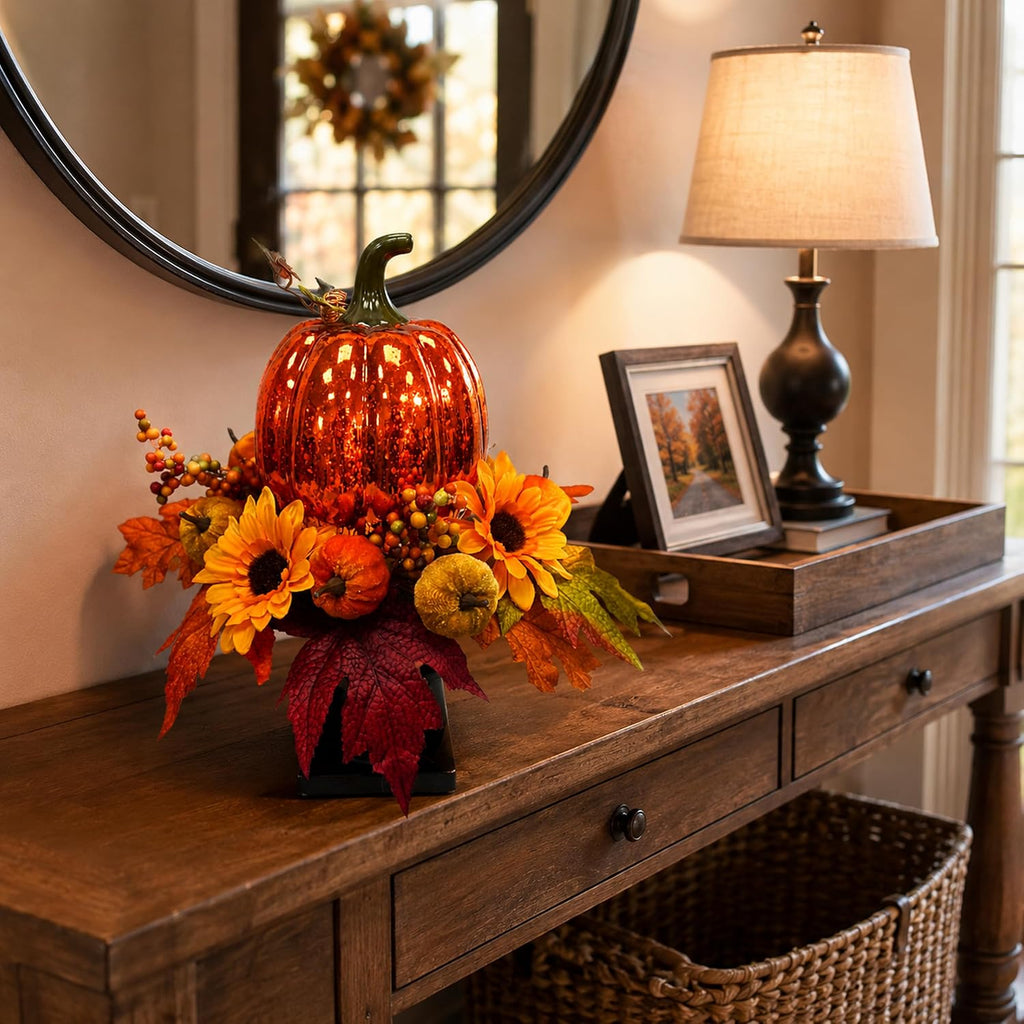 15 Inch Lighted Fall Pumpkin Arrangement with Pumpkin, Daisies