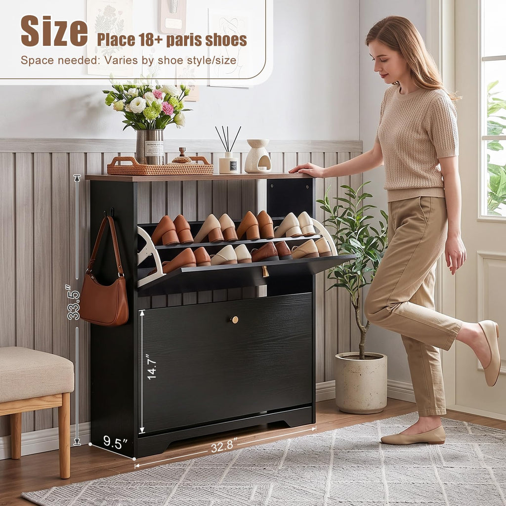 Shoe Cabinet, 2 Flip Drawers Slim Black Walnut Top Entry Storage