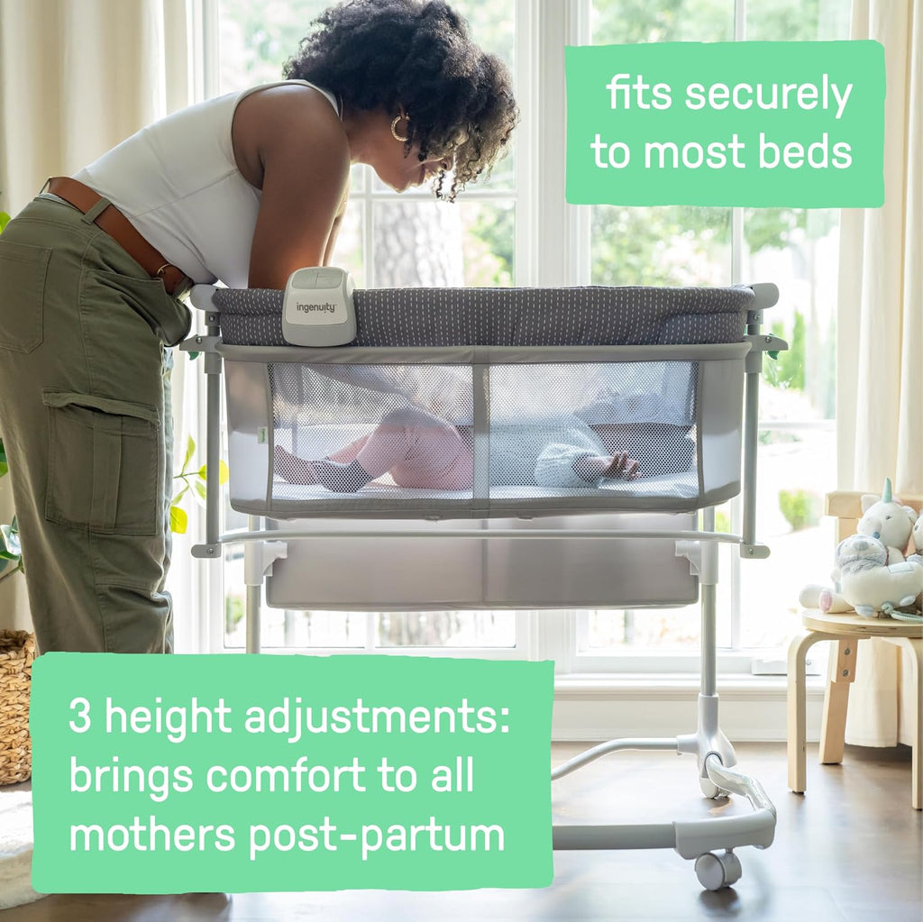 Dream & Grow Bedside Baby Bassinet with AirLoom Mattress, for Ages 0-12 Months, Adjustable Height - Handstitch (Grey)