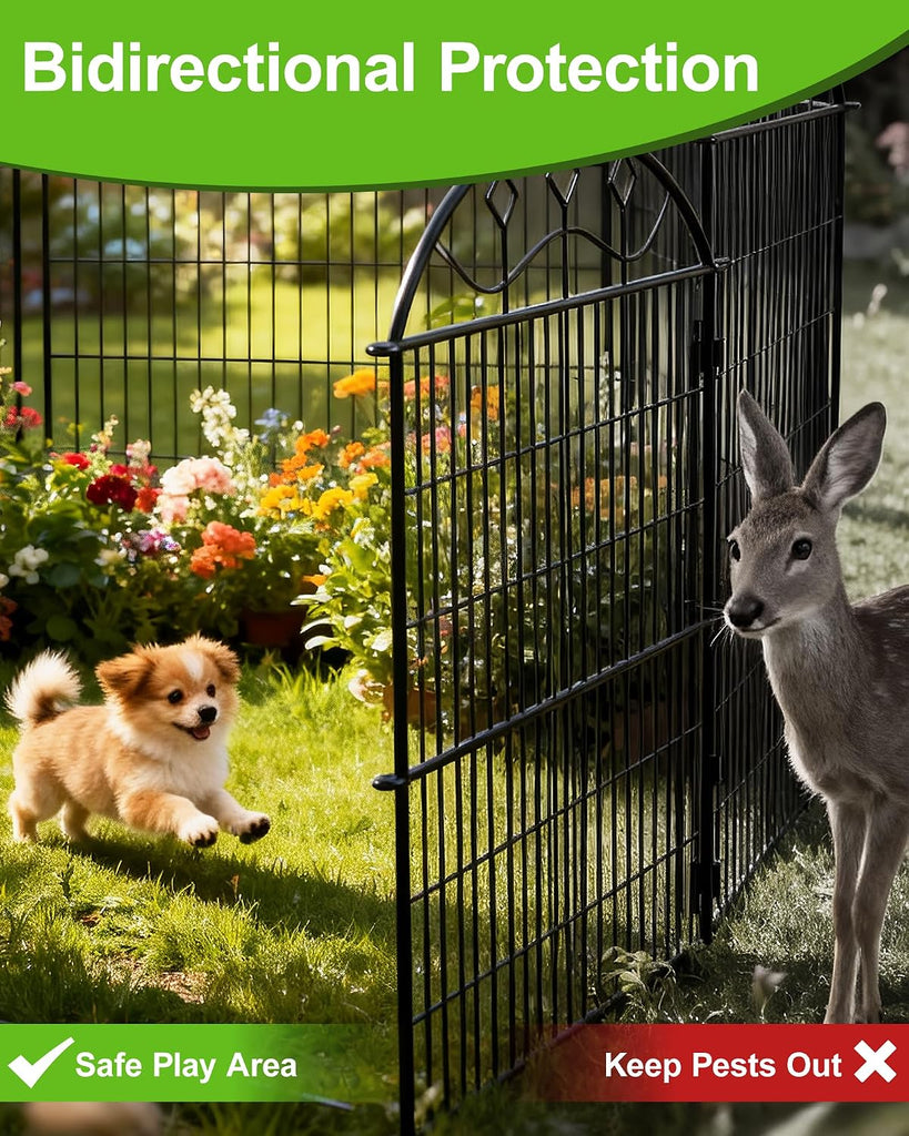 10 Panels 33in H x 29in L Garden Fence, 24ft L Black Metal No Dig Fence Temporary Animal Barrier for Dogs & Rabbits