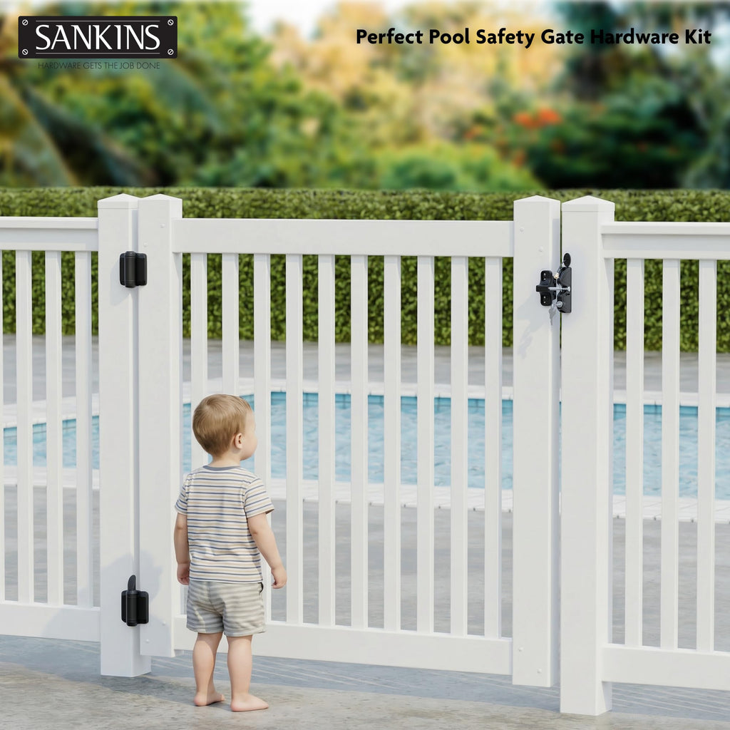 Self-Closing Gate Hinges and Key Lockable Gate Latch Kit, Fence Gate Hardware Kit for Wooden Fence, Pool Safety Fence