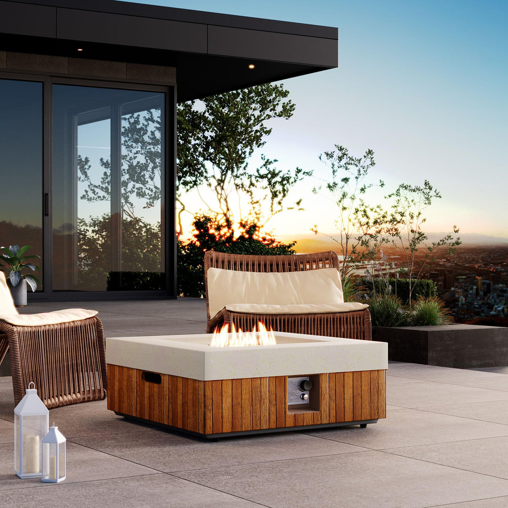 28" Outdoor Fire Pit Table, Small Square Gas Fire Pit Table with Concrete & Log Wood Grain Design, Fire