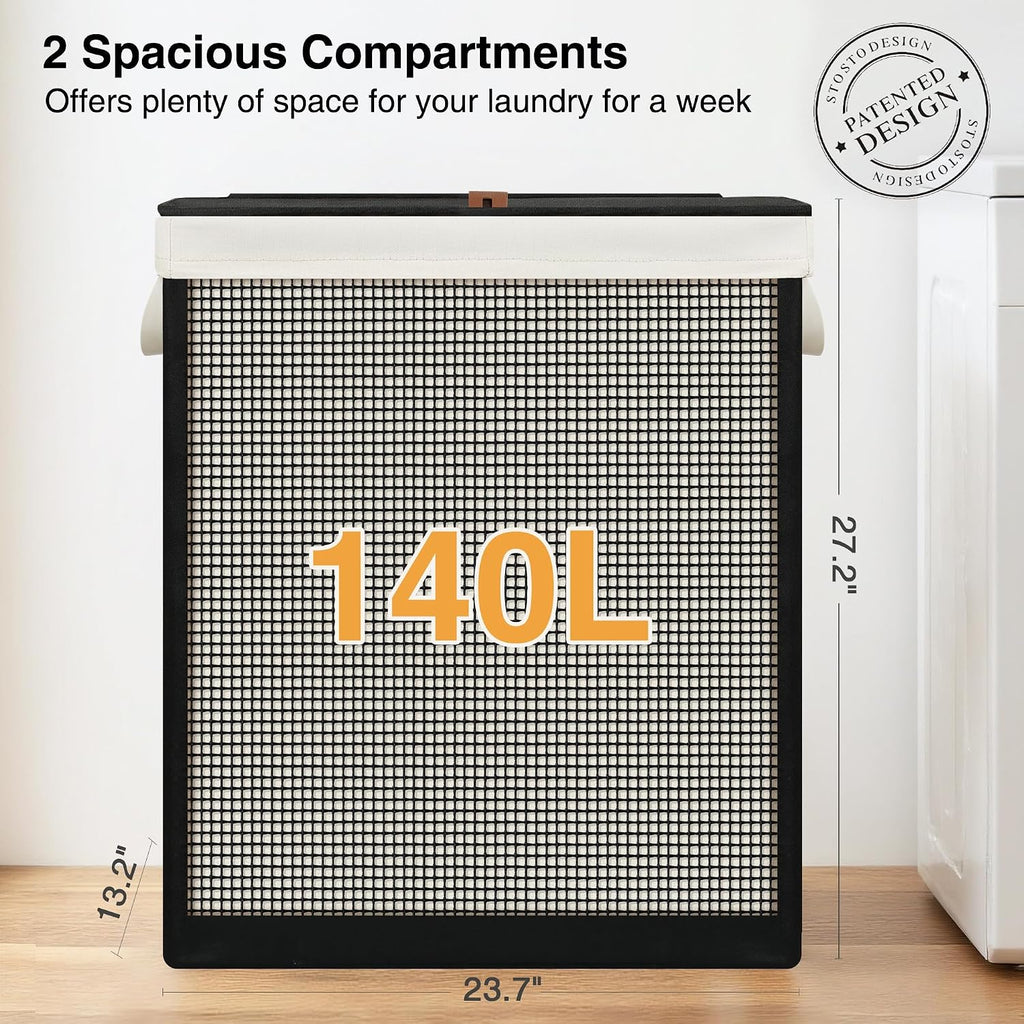 Double Laundry Hamper with Lid, 140L Large 2 Section Laundry Sorter, Laundry Basket with Removable Washable Canvas