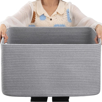 75L Large Blanket Basket, Woven Blanket Storage Basket with Handle, Cotton Rope Basket for Organizing 22"x17"x12"