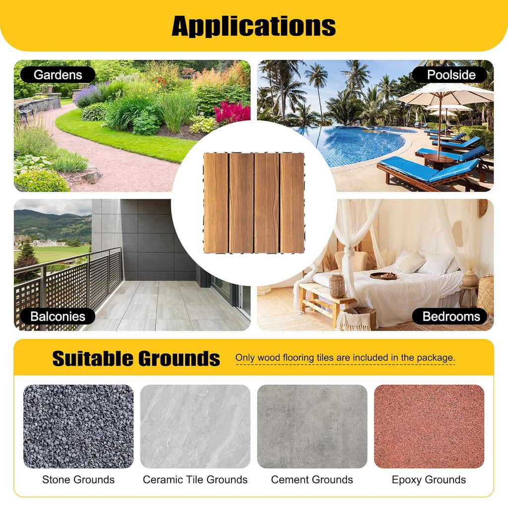 36 Pieces Wooden Outdoor Tiles, 12" x 12" Interlocking Deck Tiles Interlocking Outdoor All Weather for Patio Deck