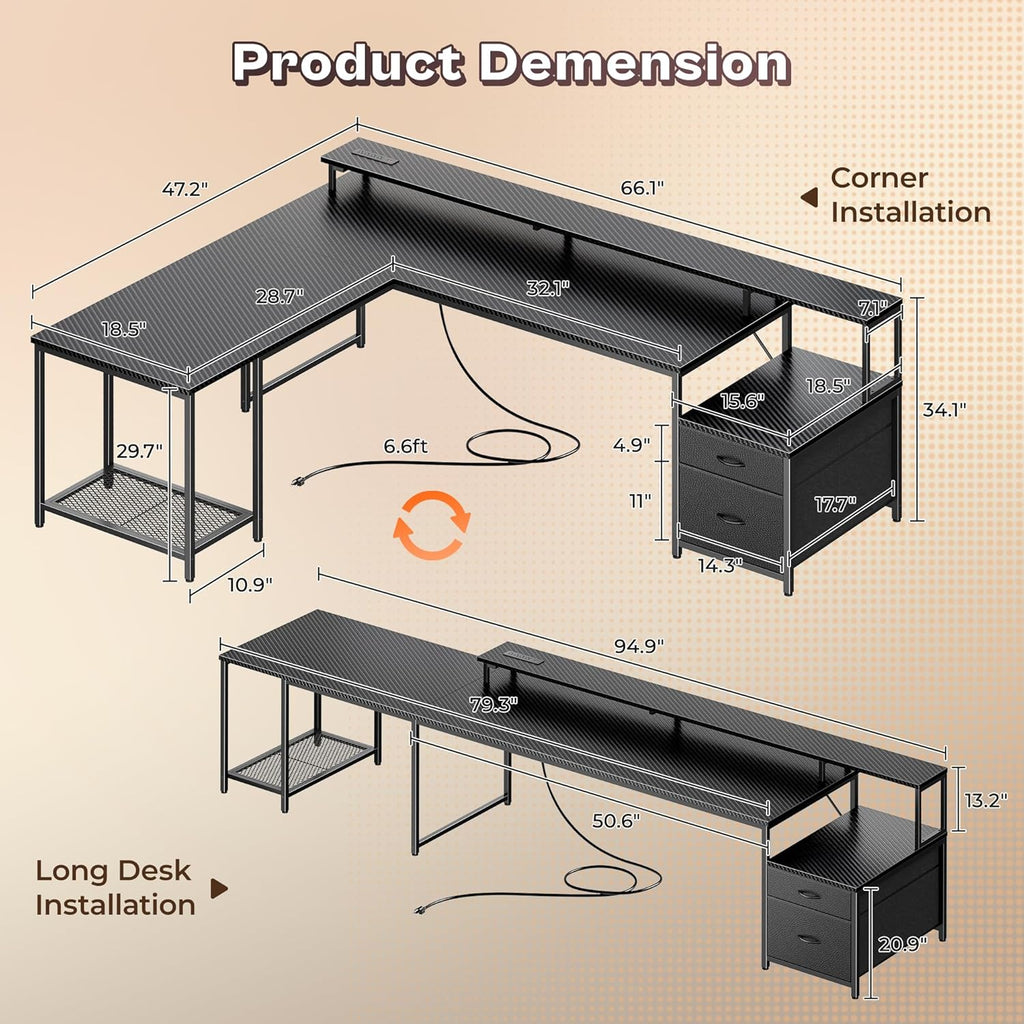 66" L Shaped Gaming Desk with LED Lights & Power Outlets