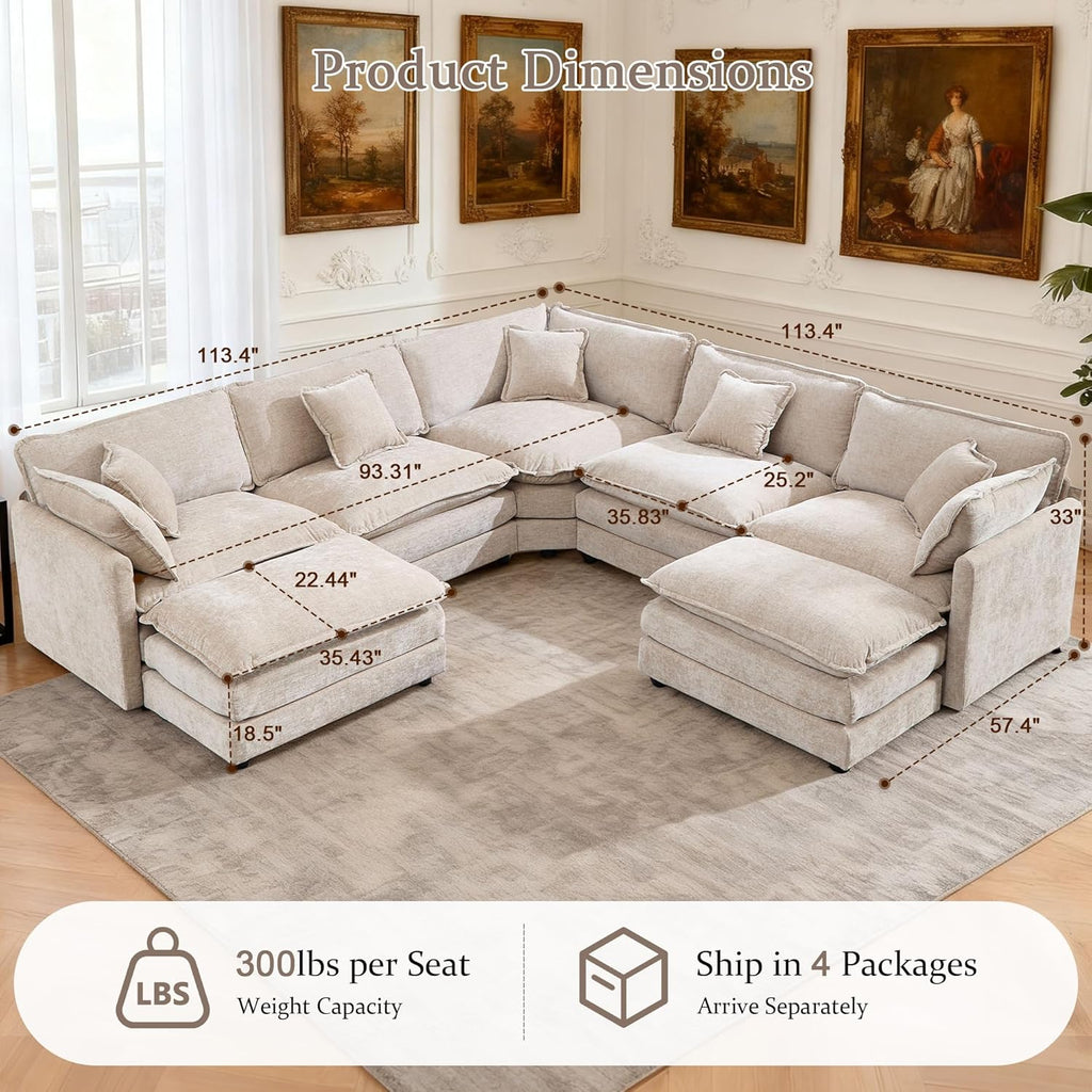 Cloud Couch Oversized Modular Sectional Sofa , Modern Chenille 7 Seater Corner Sofa with Deep Seat, Large U-Shaped