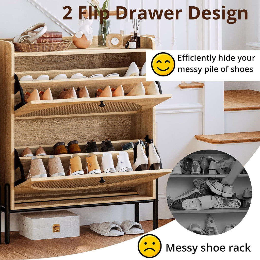 Shoe Cabinet Storage with 2 Flip Drawers, Free Standing Wooden Shoe Storage Organizer Cabinet with Rattan Doors