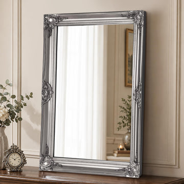 Vintage Silver Wall Mirror, 36"x24" Antique Baroque Mirror Wood Frame