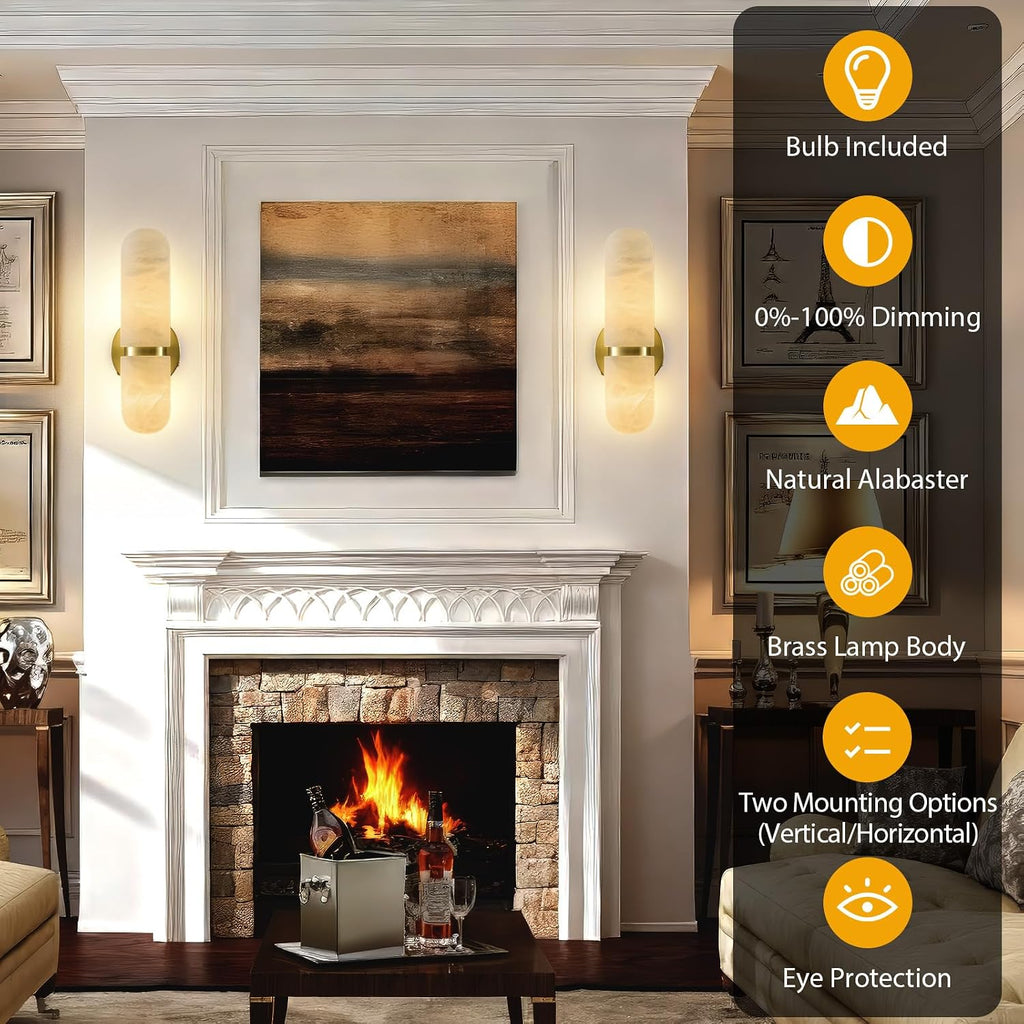 Natural Alabaster Brass Wall Sconce - Modern Luxury Spanish Stone Cylinder Sconces with Bulb - Brushed Gold Indoor