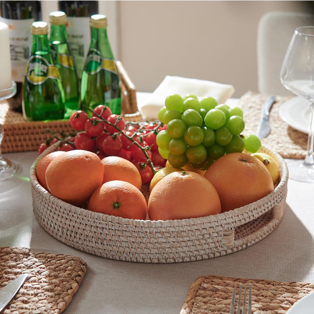 13.8 inch Round Rattan Tray, Decorative Coffee Table Tray, Ottoman Tray, Woven Serving Tray with Handles, Wicker