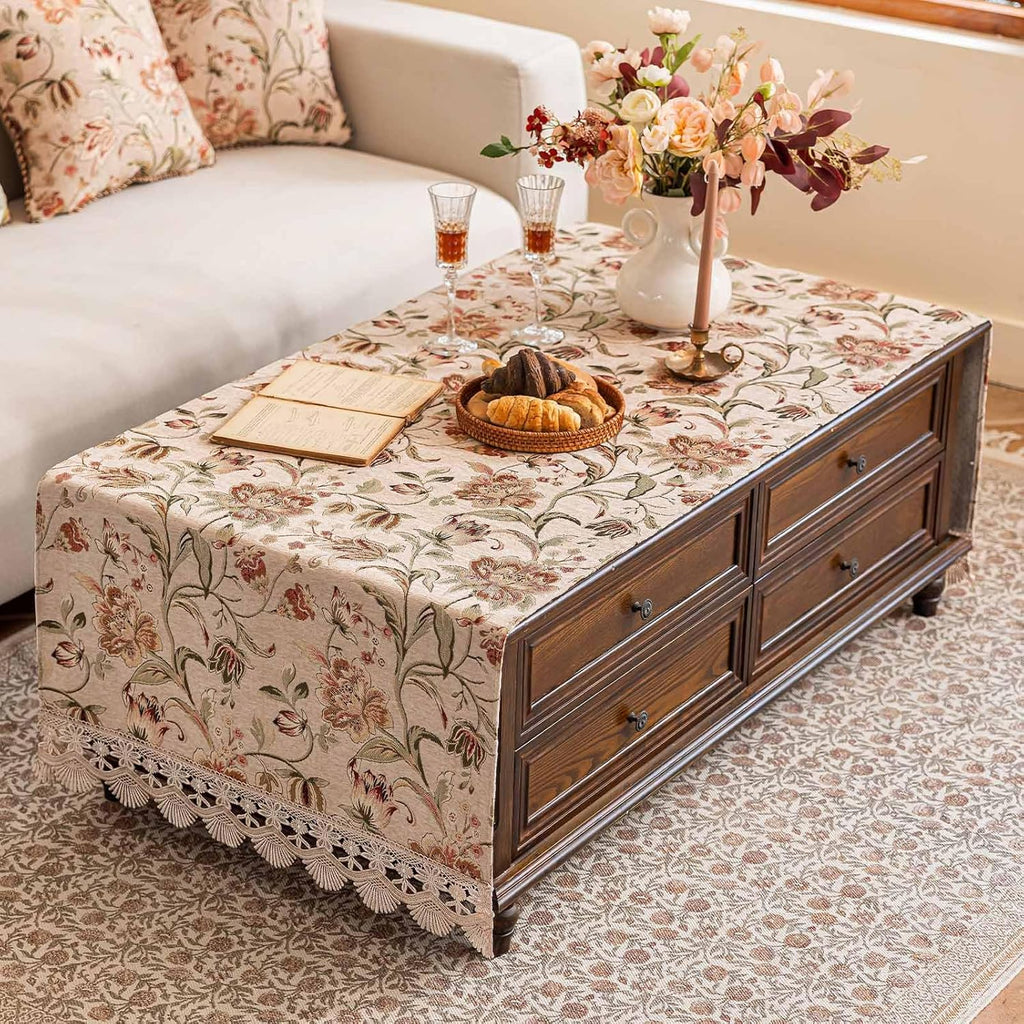 Luxury Chenille Coffee Table Cover Non-Slip Silicone Backing Heavyweight French Jacquard Table Cloth
