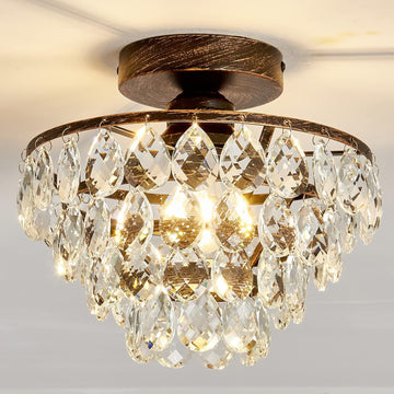 Crystal Chandelier,Modern Semi Flush Mount Small Ceiling Light Oil Rubbed Bronze,Mini E26 Ceiling Lamp Bedroom