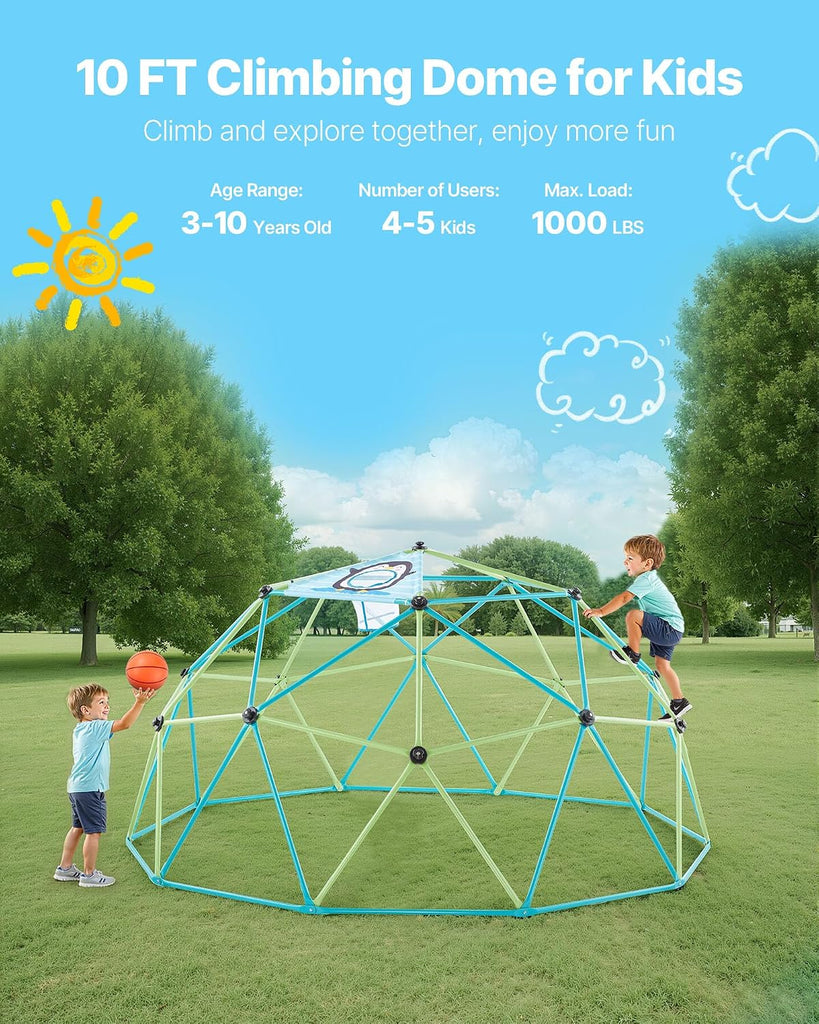 Climbing Dome, 10FT Geometric Dome Climber for Kids, 1000LBS Loading Jungle Gym Playground with Octopus Net & 2