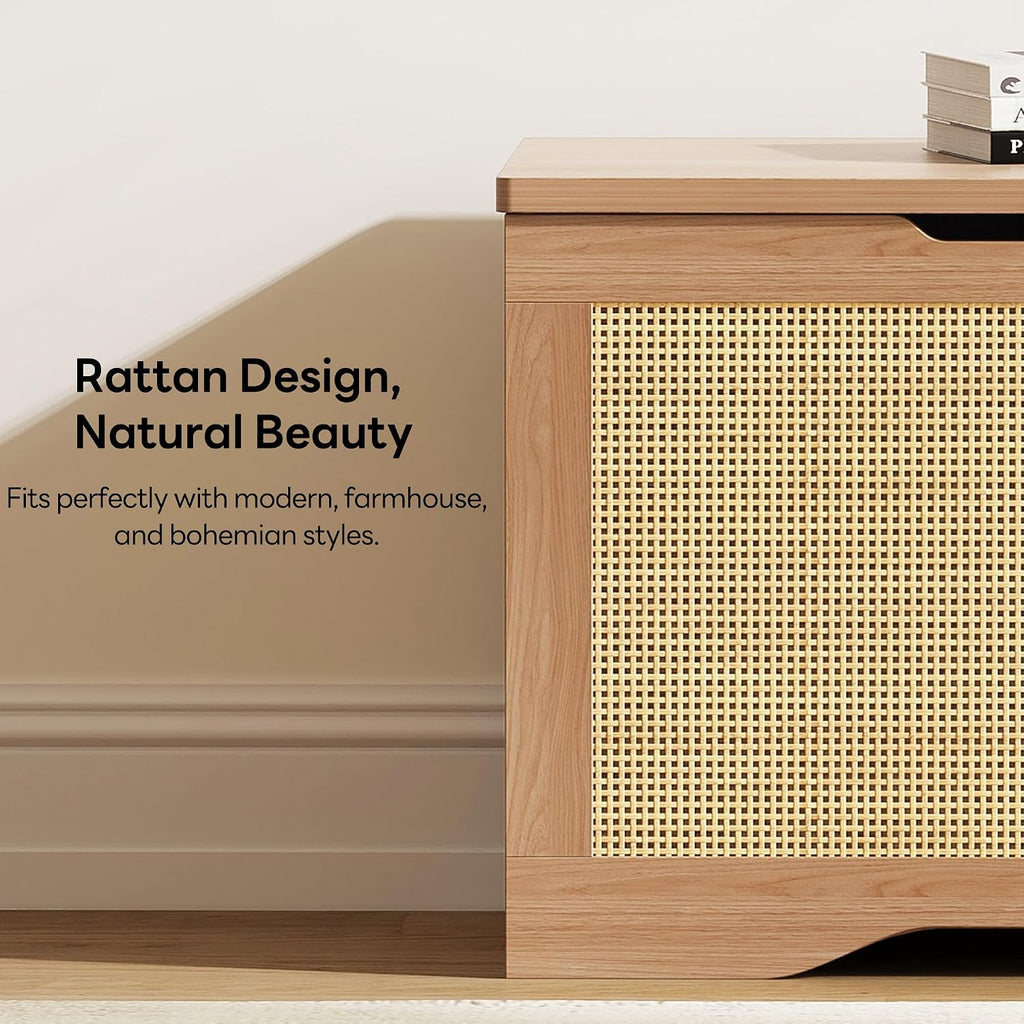 47.2" Rattan Storage Ottoman Bench Chest, Rustic Wood | Vintage brown rattan and wood frame; 330 lb support and 47.2