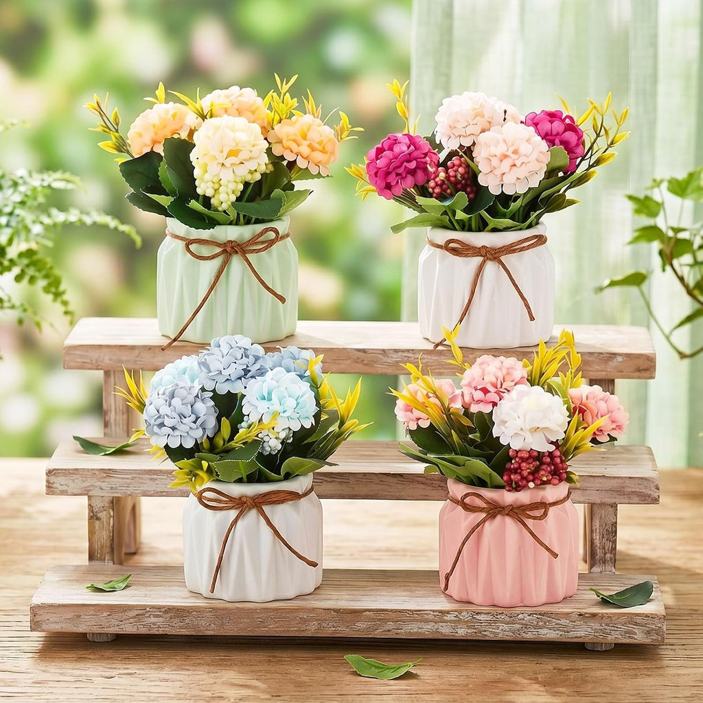Hydrangea Artificial Flowers in Vase for Table, 4 Pcs, 5.9 Inch | 4 Colors, Small Ceramic Vase with Flowers, Cute