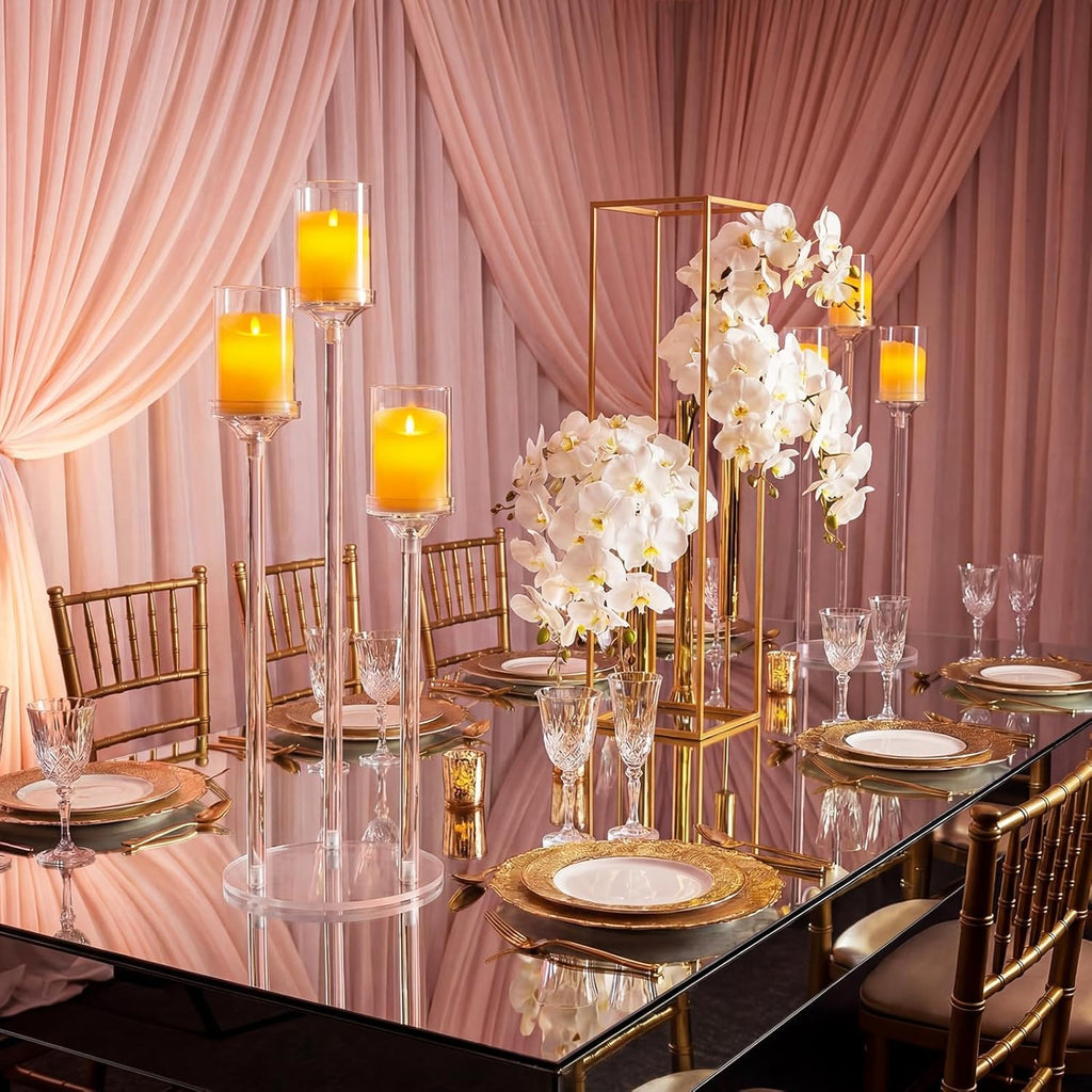 2 Pcs 3 Arms Acrylic Candelabras with Lampshade Set 30 Inch Wedding Table Candelabra Centerpieces Clear Candle Holder