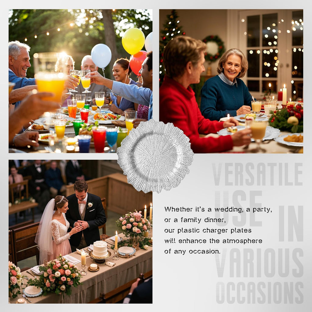 Silver 10pcs Reef Charger Plates Bulk - Modern Plastic Dinnerware Charger Plates for Events