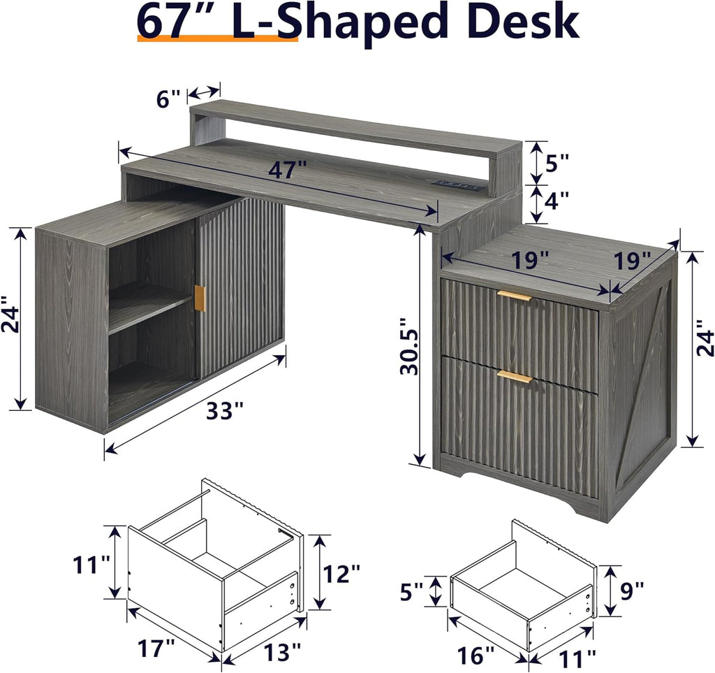 67" Modern L Shaped Desk with Storage Cabinet & Drawers, Wood Home Office Desk with Power Outlets