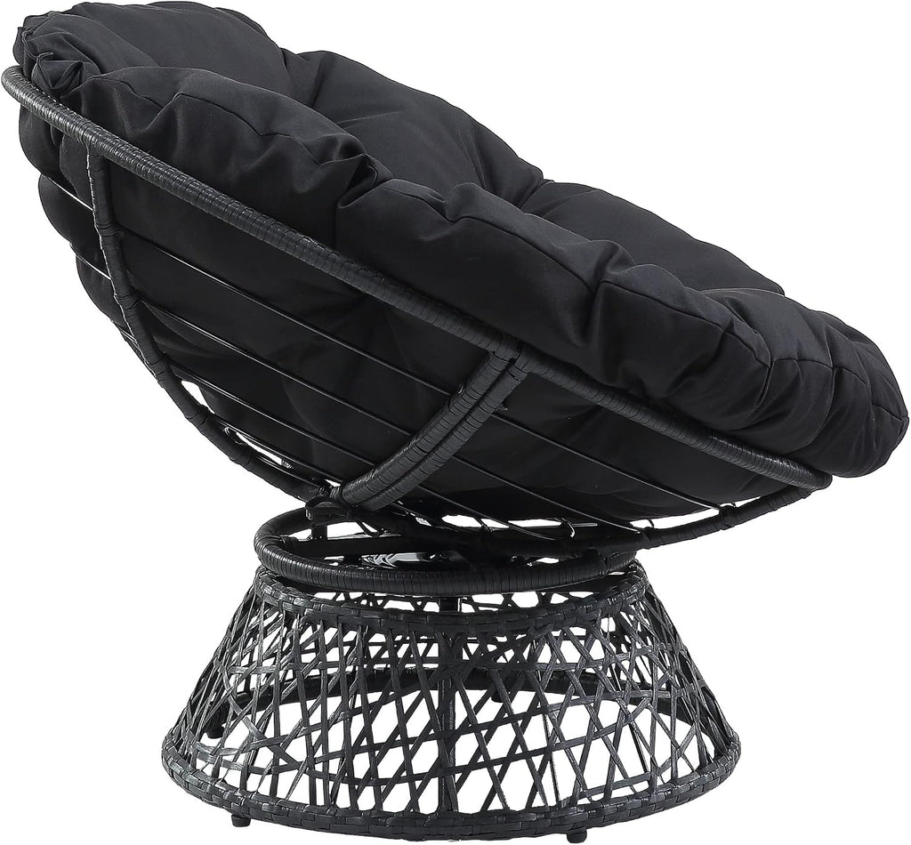 Wicker Papasan Chair with 360-Degree Swivel, Grey Frame with Black Cushion