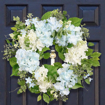 Spring Wreath Artificial Hydrangea Eucalyptus 20IN, Light Blue White Green, Spring Easter Summer Front Door Wall