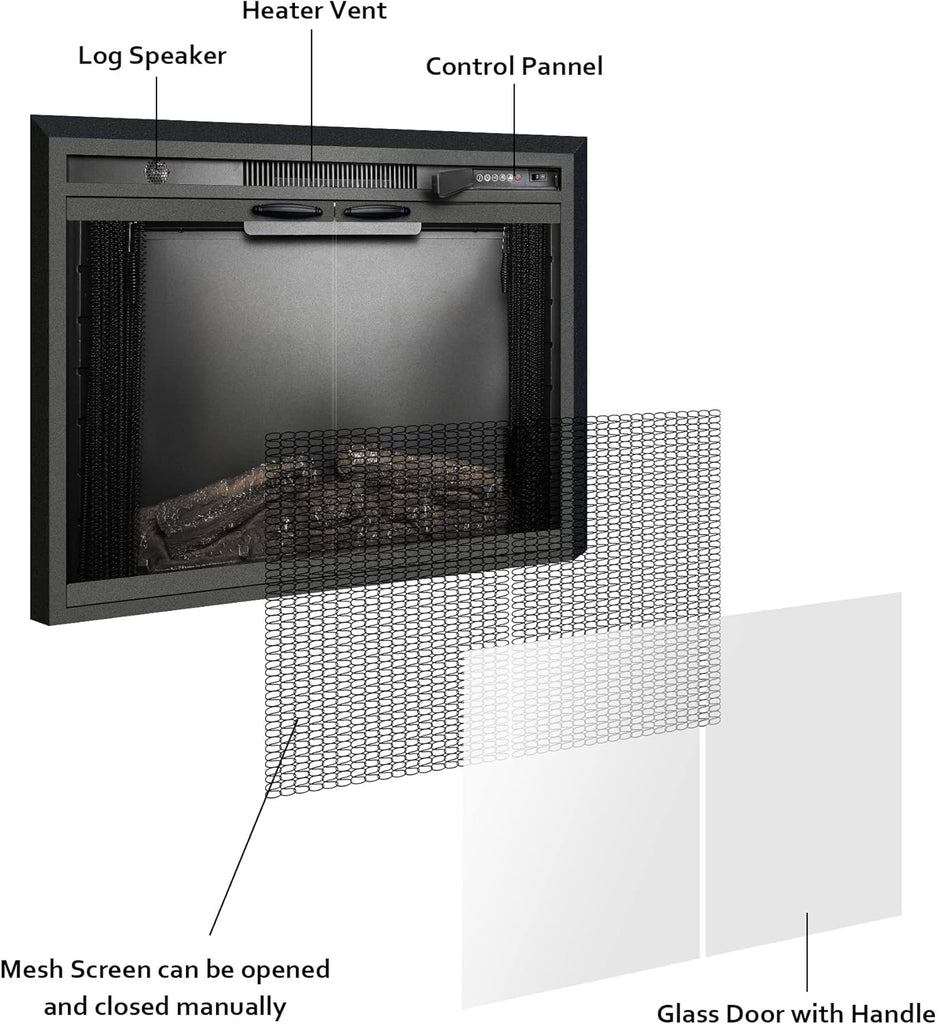 33 Inch Electric Fireplace Insert with Glass Door and Mesh Screen, Multicolor Flame Effects, Crackling Sound, Timer and Overheat Protection, 750W/1500W