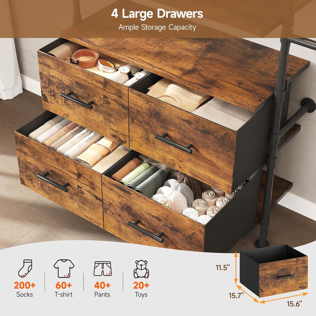 T3 Closet System with Stepless Dimmable LED Light, Industrial Pipe Clothing Rack with 4 Drawers, 6 Wooden Shelves & 4