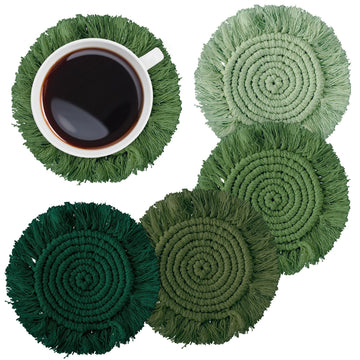 4 Pcs Boho Macrame Coasters Green Handmade Woven Drink Coasters Farmhouse Rustic Cup Mat Pad Kitchen Office Table