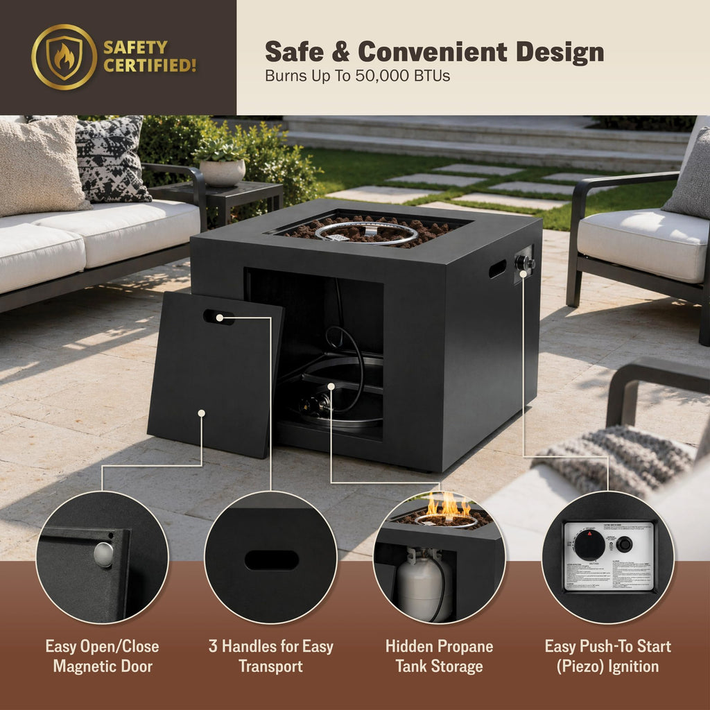 32 Inch Square Propane Fire Pit Table, Black