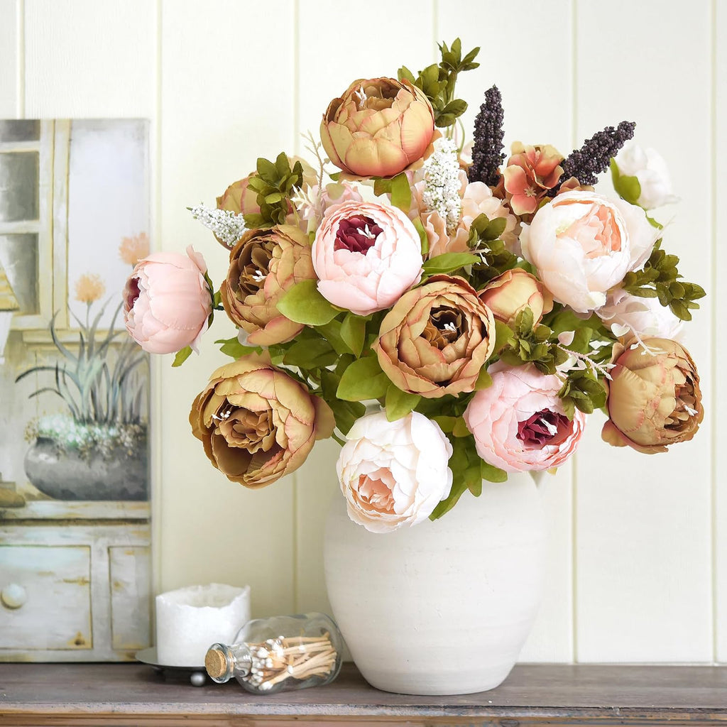 Artificial Peony Bouquets, 2 Silk Flower Bundles in Mixed Pale Pink & Tawny Brown with Hydrangeas for Wedding