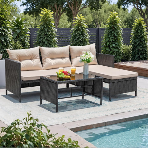 3 Piece Patio Furniture Set Outdoor Wicker Rattan Sectional Sofa with Cushions & Coffee Table for Yard, Garden