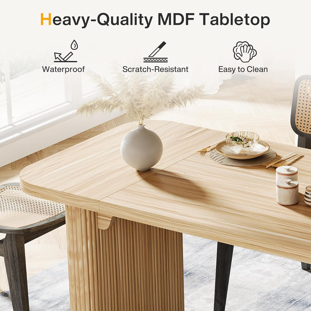 Modern Dining Table for 6 People, 62-Inch Natural Wood Kitchen Table with Double Robust Pedestal, Long Rectangle