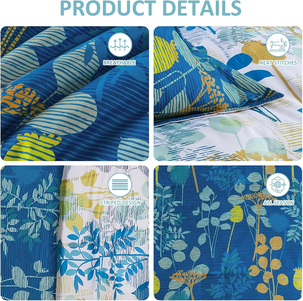 7Pieces King Comforter Set, Blue Yellow Botanical Bed in a Bag Complete Set with Sheet Pillowcase All Season
