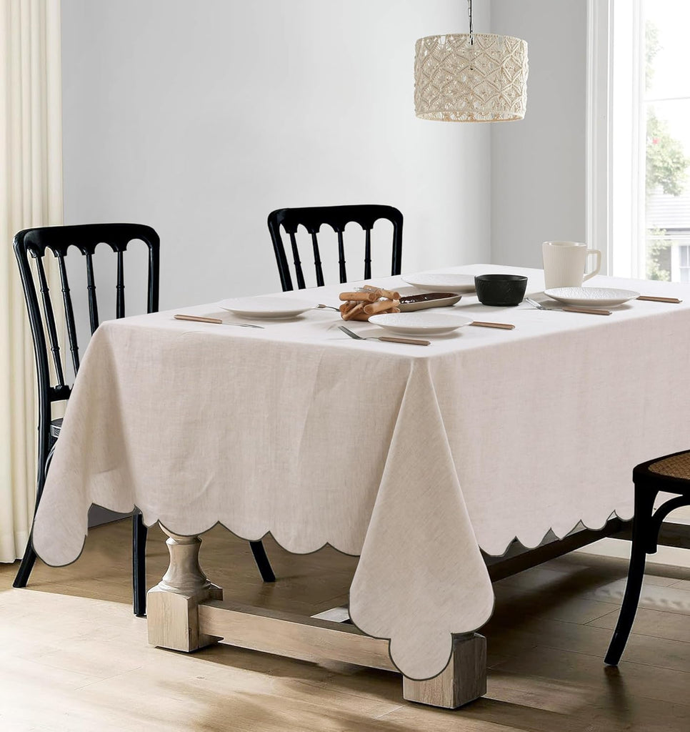 100% French Flax Linen Tablecloths Scalloped Embroidery Rectangle 120Lx60W Inch for Dinners, Parties