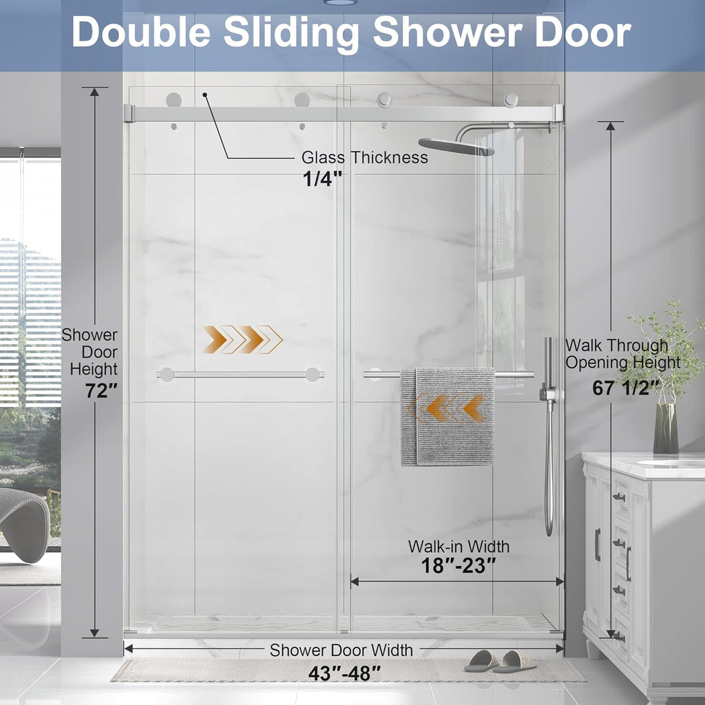 Frameless Double Sliding Shower Door 43-48" W x 72" H