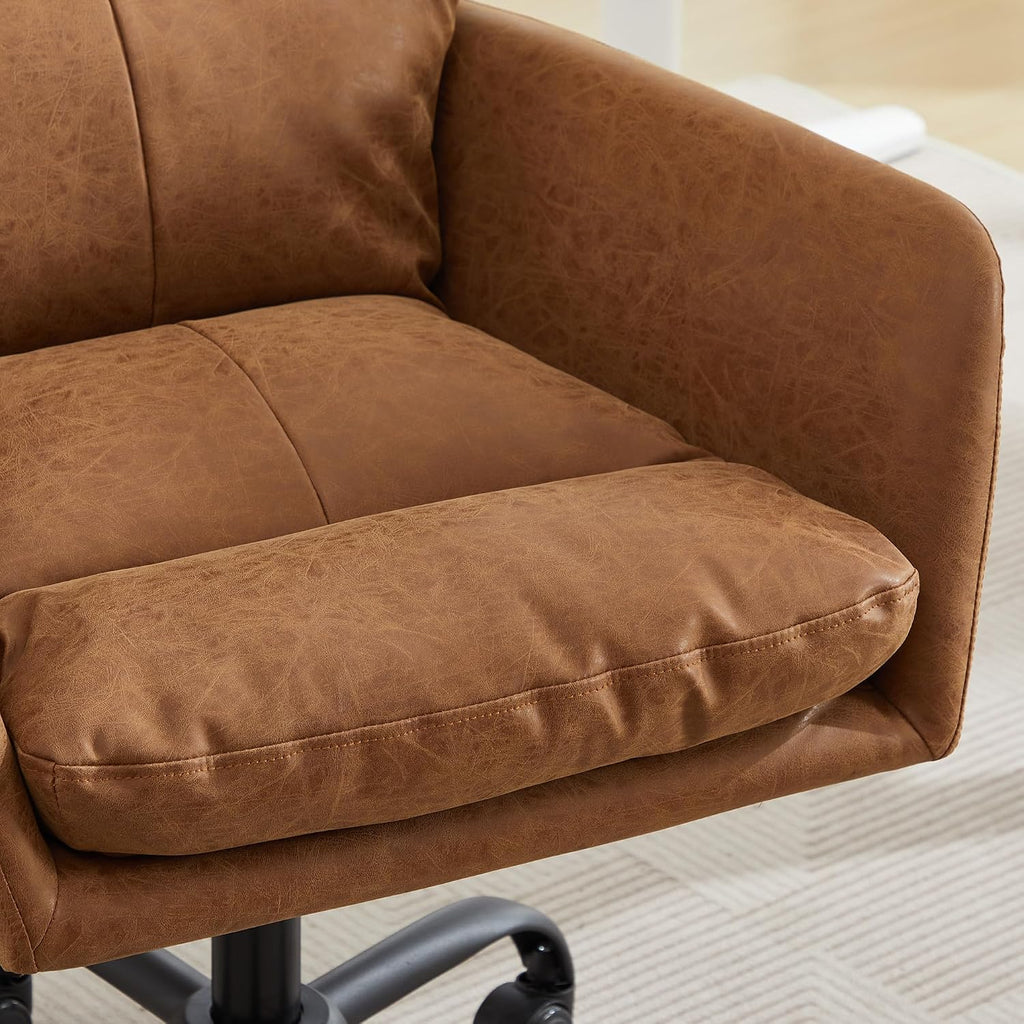 Adjustable Home Office Desk Chair with Comfy Square Mid-Back, Faux Leather 360 Swivel Upholstered Task Armchair with Wheels for Vanity Bedroom/Living Room,Study Brown