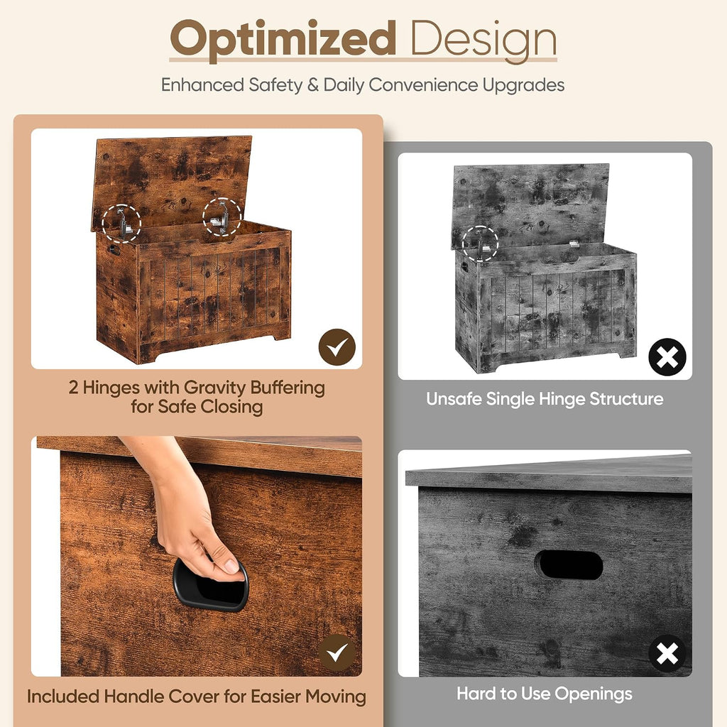 Storage Chest, 30 inches Chest Box Organizer with 2 Safety Hinges, Wooden Entryway Storage Bench, Rustic Brown