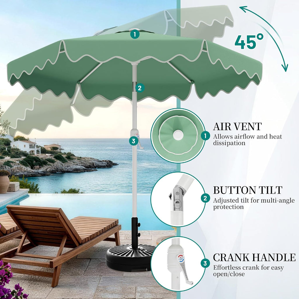 Patio Umbrella with Wavy Trim, UV-Fade-Resistant Canopy, Crank & Tilt - Pale Green 7.5ft