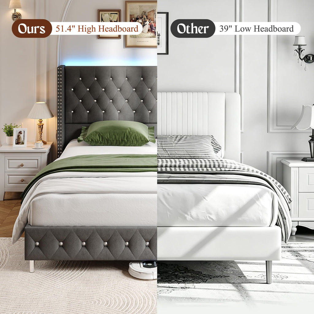Queen LED Upholstered Bed Frame with Wingback Headboard, Velvet Diamond Button Tufted Bed Frame w/USB&Type-C Ports