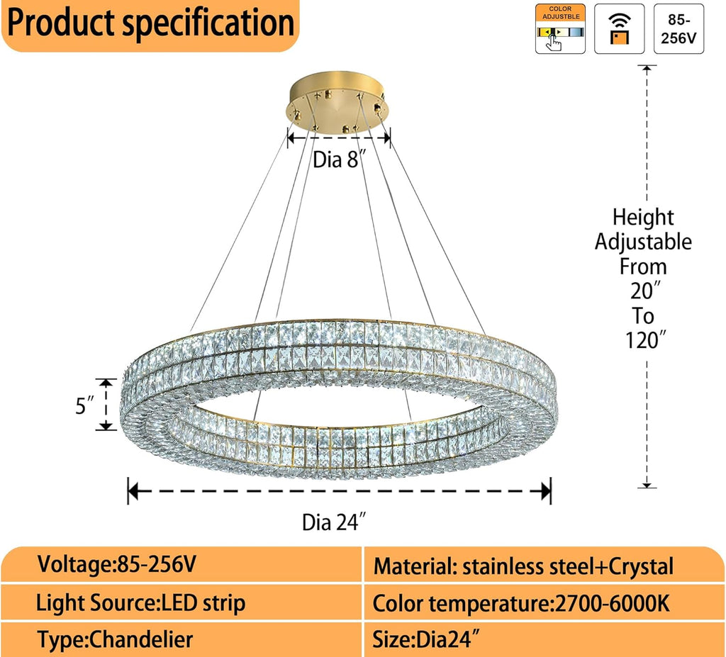24" Gold Ring Crystal Chandelier, Modern Dimmable Chandeliers Lighting and Hanging Adjustable, LED Round Ceiling Light Fixtures for Dining Room Living Room