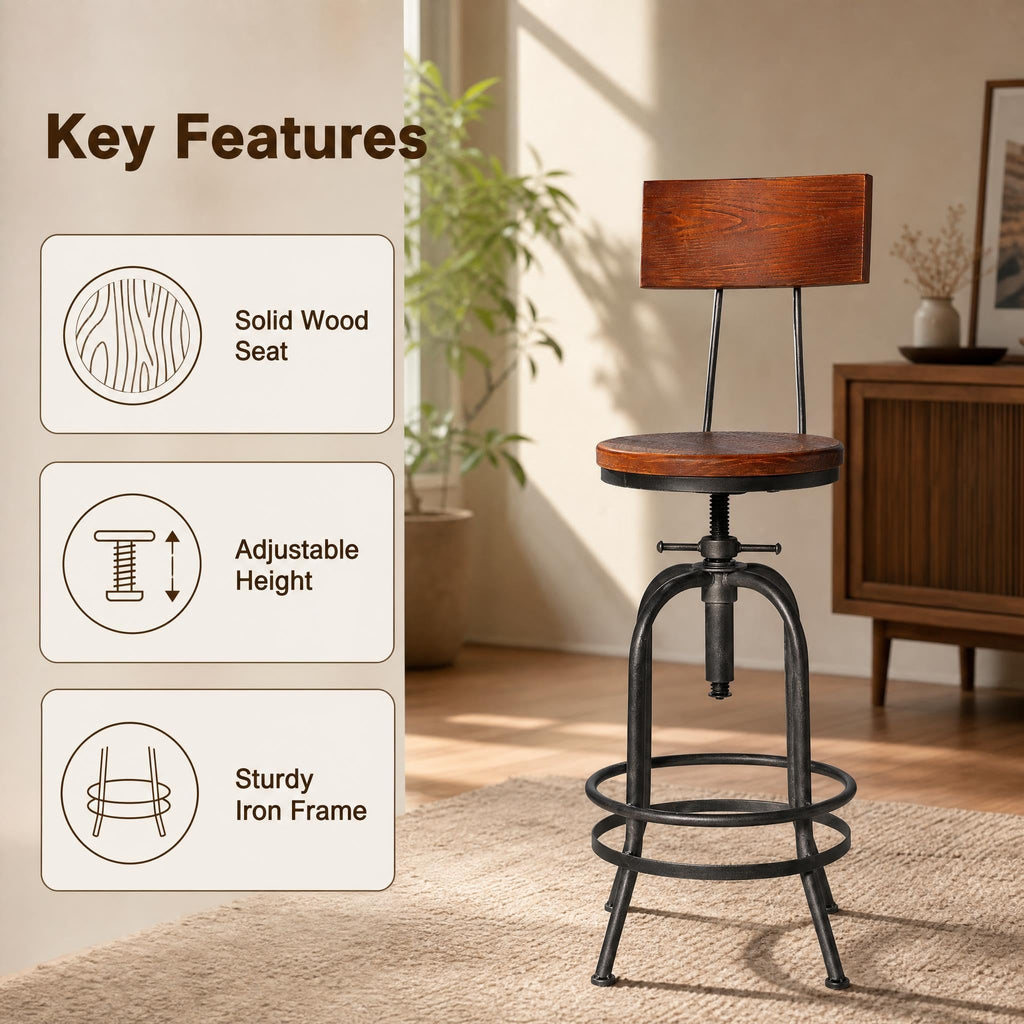 Set of 2 Industrial Bar Stools with Backrest 26-32inch Counter Height Adjustable Rustic Kitchen Island Stool Vintage